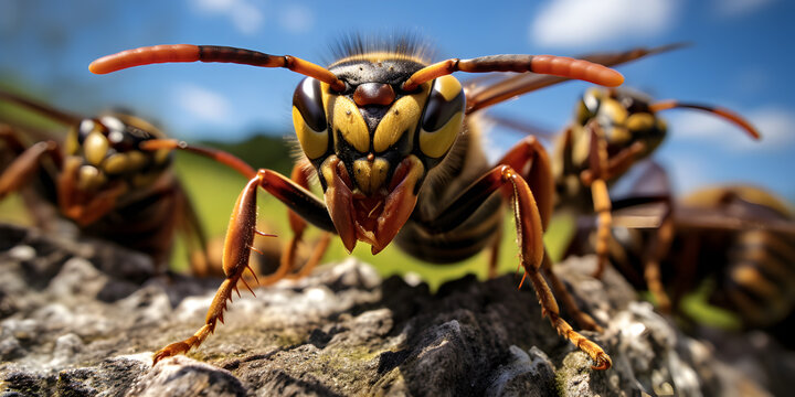 Macro capture of a hornet, showcasing its intricate details, set against a natural background. Perfect for entomology and wildlife enthusiasts.