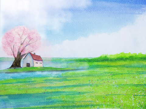watercolor cartoon painting field landscape house and tree cherry blossom on the island in summer seasons.	
