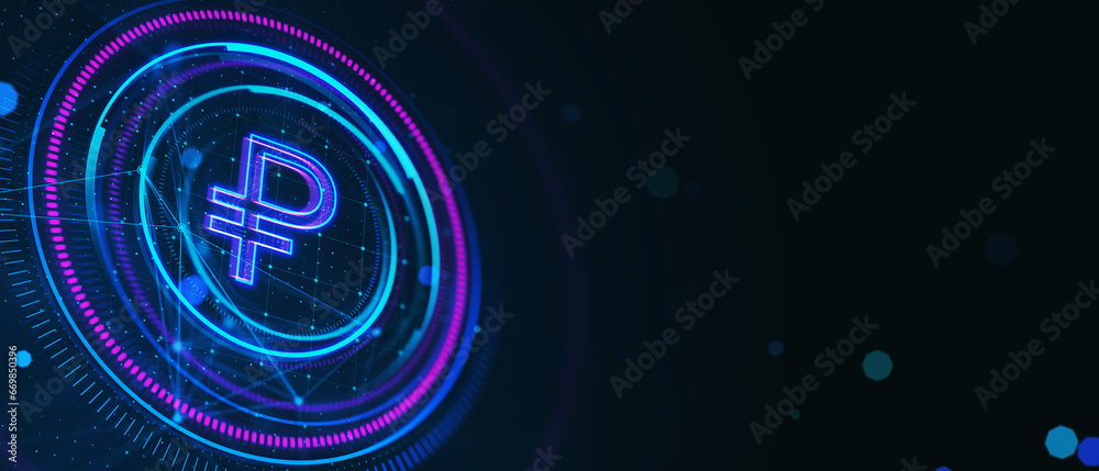 Poster Creative glowing round polygonal button with ruble sign on dark background with mock up place. Online banking and money concept. 3D Rendering.