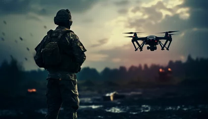 Fotobehang Military soldier controls drone for reconnaissance operation of enemy positions. Concept using quadrocopters in smart war © msroster