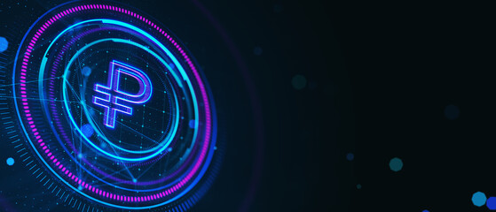 Creative glowing round polygonal button with ruble sign on dark background with mock up place. Online banking and money concept. 3D Rendering.