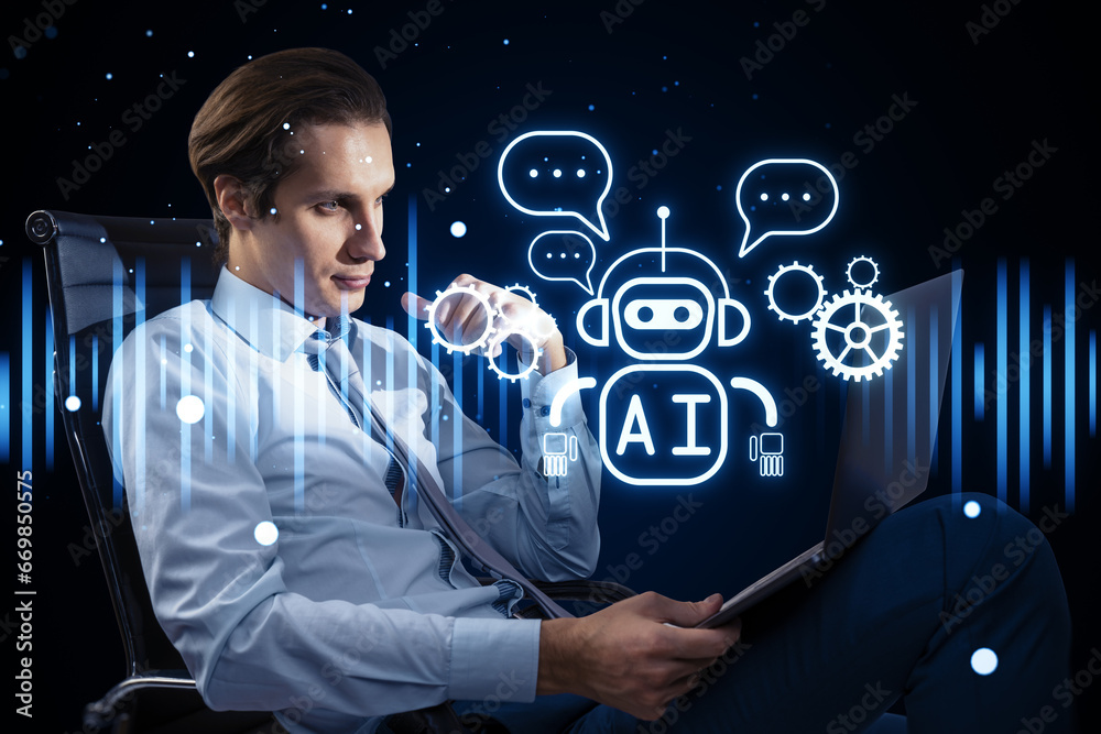 Aufkleber attractive european businessman sitting with laptop and creative glowing robot ai hologram on blurry