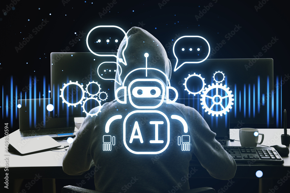 Poster Back view of hacker using computers at desk with glowing robot ai hologram on dark background. Automated machine learning, hacking and artificial intelligence and conversation assistant concept.