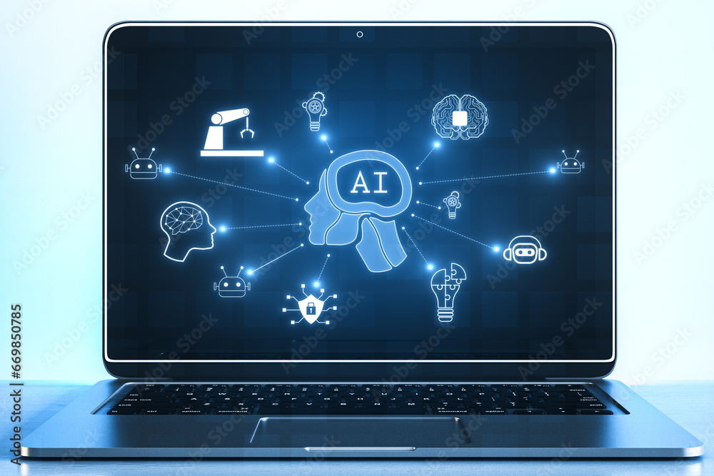 Aufkleber Close up of book on desk with glowing ai hologram with digital human head on blurry background. Automated machine learning, artificial intelligence and conversation assistant concept. 3D Rendering.