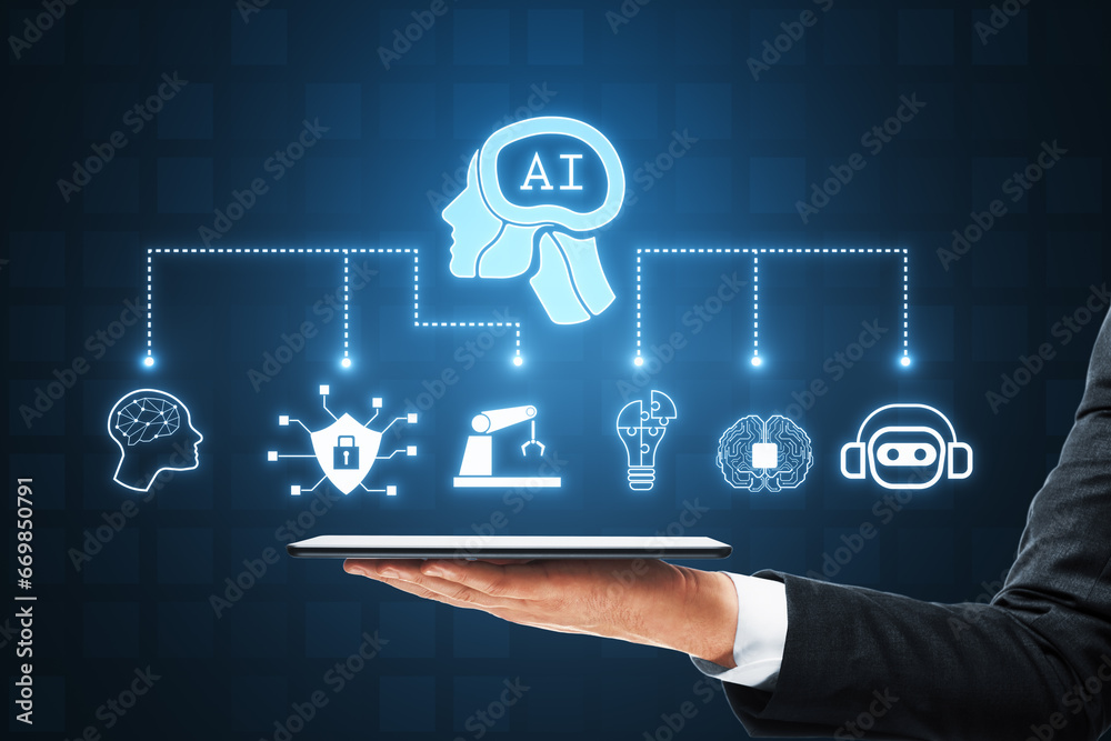 Poster close up of businessman hand holding smartphone with creative glowing ai hologram with digital human