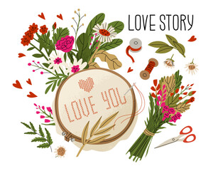 Fototapeta premium Composition of postal envelopes, letters and flowers for Valentine's Day. Love correspondence with a loved one. Vector illustration isolated on white background. All elements are movable and can be mo