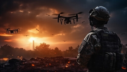 Military soldier controls drone for reconnaissance operation of enemy positions. Concept using quadrocopters in smart war