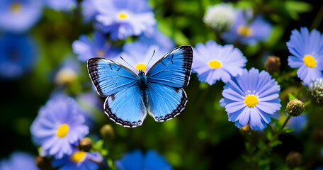 Macro shot of a blue butterfly delicately perched on a bright flower, highlighting intricate wing patterns and nature's splendor. Ideal for nature enthusiasts.