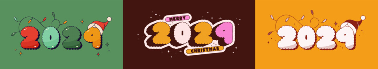 Christmas groovy set of posters with text 2024. Noel hat and garland. - obrazy, fototapety, plakaty