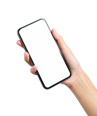 Hand holding the black smartphone with blank screen on background.