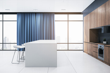 Luxury wooden kitchen interior with equipment, island, curtain and window with city view and daylight. 3D Rendering.