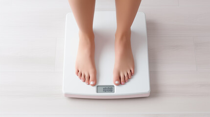 Woman's feet on weight scale, closeup. Weight loss concept - obrazy, fototapety, plakaty