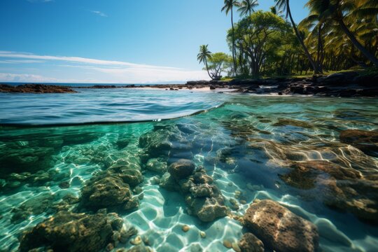 Beautiful underwater split above and below photo of beautiful paradise beach with deep blue sky