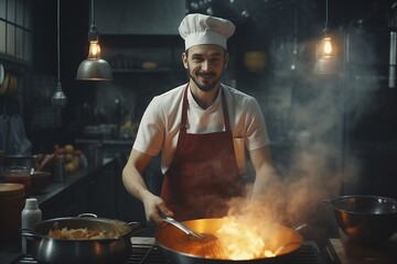 Male cook preparing food at restaurant kitchen - obrazy, fototapety, plakaty