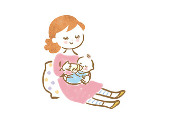 赤ちゃんにミルクをあげている若いお母さんのイラスト - obrazy, fototapety, plakaty