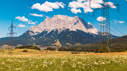 Alpine summer view with Mount Zugspitze near Lermoos, Reutte, Tyrol, Austria