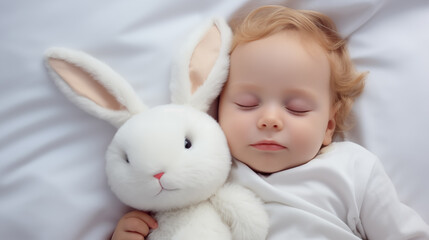
Cute little baby  sleeping with white rabbit toy on white bed
