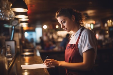 Waitress taking order on notepad in pub - obrazy, fototapety, plakaty