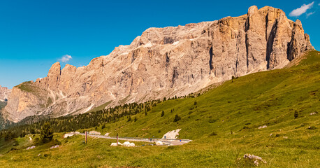 Alpine summer view seen from near Mount Langkofel, Sassolungo, Dolomites, South Tyrol, Italy