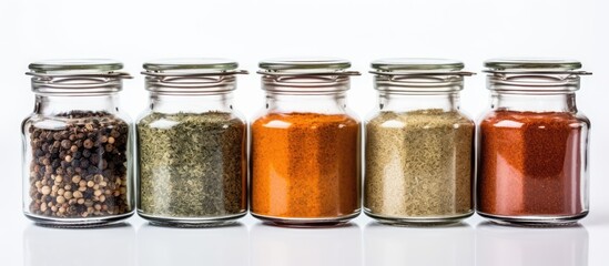 Glass container with granulated seasoning against a white backdrop
