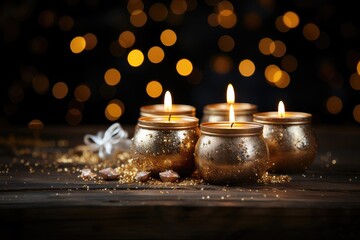A close-up Christmas-themed background image featuring candles, with ample room for customization, allowing you to create a unique atmosphere for your content. Photorealistic illustration