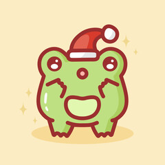 Merry Christmas card with Cute frog wearing Santa Claus hat. Plump Toad. Cute Frog is surprised. Concept for Coloring Book, Children's Drawing, Sticker. Vector illustration in Flat style