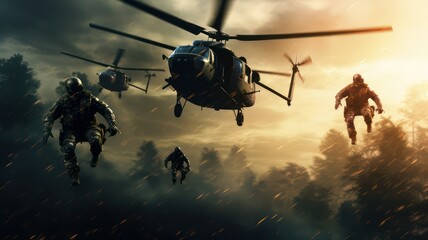 Elite soldiers jumping out of a helicopter created with Generative AI