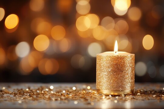 A close-up Christmas-themed background image with the soft glow of candlelight, offering space for customization, allowing you to create a personalized atmosphere. Photorealistic illustration