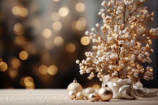 A close-up Christmas-themed background image with ornaments, offering space for customization to add a personal and festive touch to your creative content. Photorealistic illustration