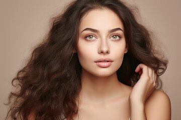 Fototapeta premium Stunning young woman with flowing brown hair. Perfect for beauty and fashion concepts.