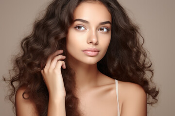 Fototapeta premium Stunning young woman with gorgeous long curly hair. Perfect for beauty and hair care advertisements.
