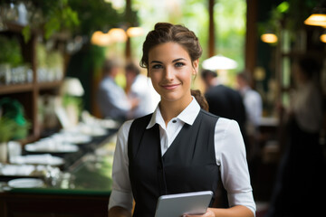 Woman sitting in restaurant holding tablet computer. This image can be used to depict modern technology usage in restaurant setting.