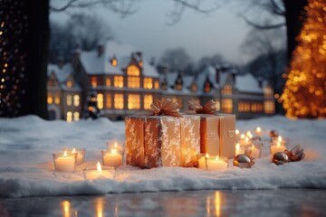 A Christmas-themed background image with candlelights surrounding wrapped presents, offering space for customization, creating a warm and festive atmosphere. Photorealistic illustration