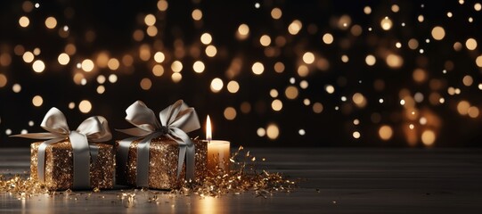 A wide-format Christmas-themed background image with candlelight and presents, offering ample space for customization to create a cozy and festive atmosphere. Photorealistic illustration