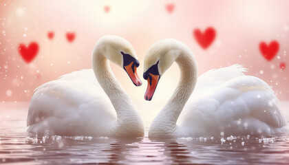 Fototapeta premium Two swans in love on the lake, valentine's day concept