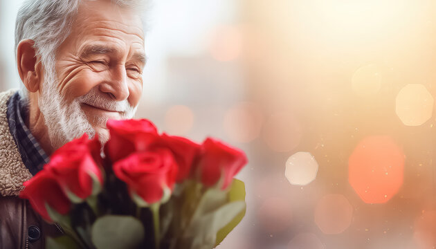 man with bouquet of red roses, valentine's day concept