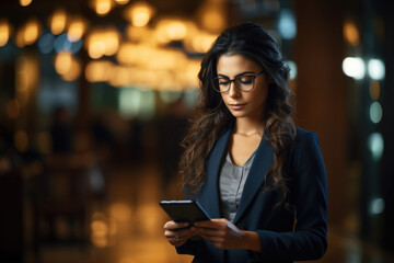 Woman wearing glasses is seen looking at her cell phone. This image can be used to depict technology, communication, or modern lifestyle.