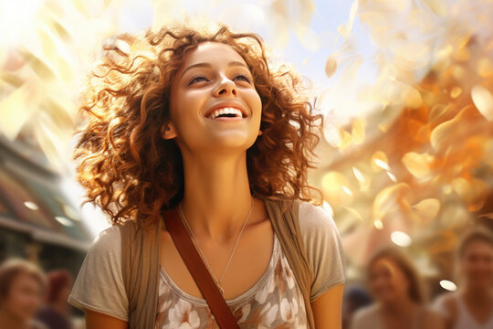 Woman with curly hair is smiling and looking up. This image can be used to portray happiness, positivity, and confidence.