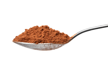 Metal spoon with ground cocoa powder close up on white background