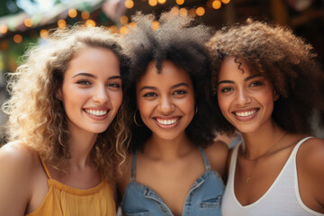 Fototapeta premium Three women standing next to each other. Can be used to represent friendship, teamwork, or diversity in various settings.