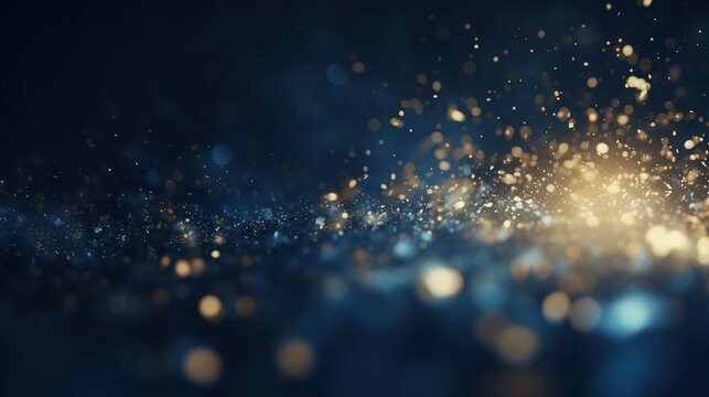 Abstract background with Dark blue and gold particle. Christmas Golden light shine particles bokeh on navy blue background. Gold foil texture