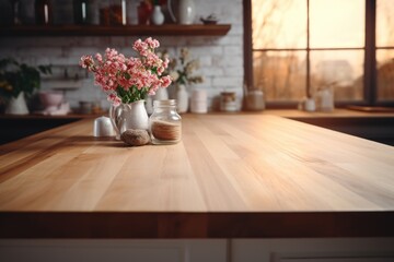 Fototapeta na wymiar Homemade wooden kitchen countertop with front focus and blurred background. Vase with flowers on table in kitchen with large window. Place for text. Generated by artificial intelligence
