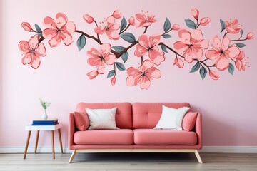 Modern living room interior with a pink sofa and a painted sakura branch on the wall. Generated by artificial intelligence