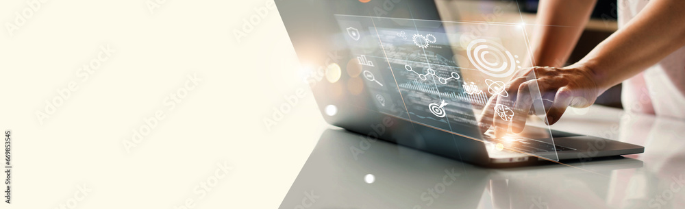 Leinwandbilder Data scientists. Man programmer using laptop analyzing and development at various information on futuristic virtual interface screen. Algorithm. marketing and deep learning of artificial intelligence