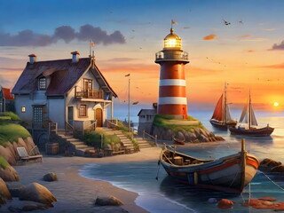 Fisherman house build on the seashore next to the lighthouse during sunset hour. Digital art