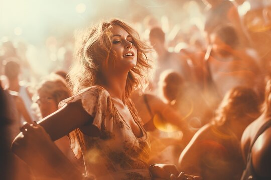 A group of women dancing in the crowd at a musical festival, captured in the style of post-'70s ego generation photography