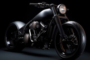 Sleek motorcycle with metallic motor, dark design, and white backdrop. Generative AI