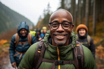 Fototapeta premium Group of people hiking in woods. Perfect for outdoor adventure and nature-themed projects.