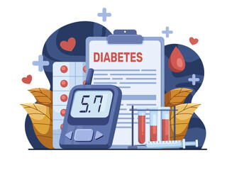 Vector illustration depicts diabetes awareness and healthcare, featuring glucose monitoring, insulin, healthy choices, and medical support for prevention, diagnosis, and treatment