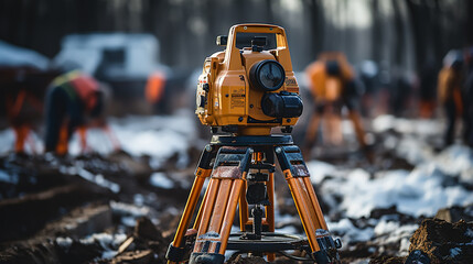 survey engineer in construction site use theodolite mark a concrete pile co ordinate